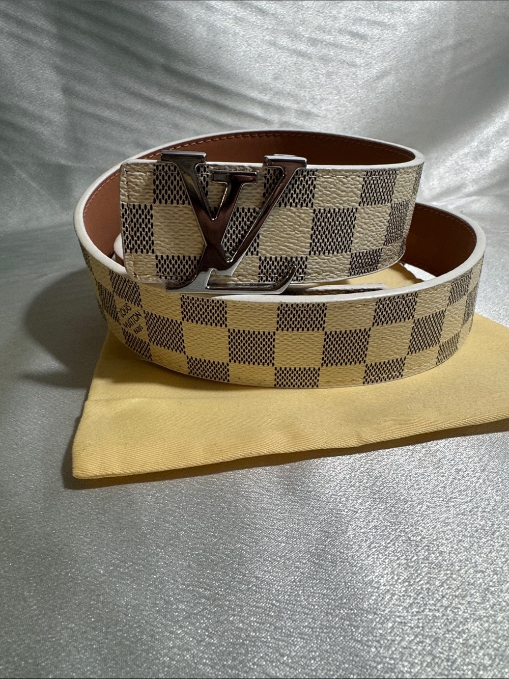 Louis Vuitton Damier Azur Canvas Belt with Silver LV Buckle - Cream/Brown🔥New! - Picture 2 of 9